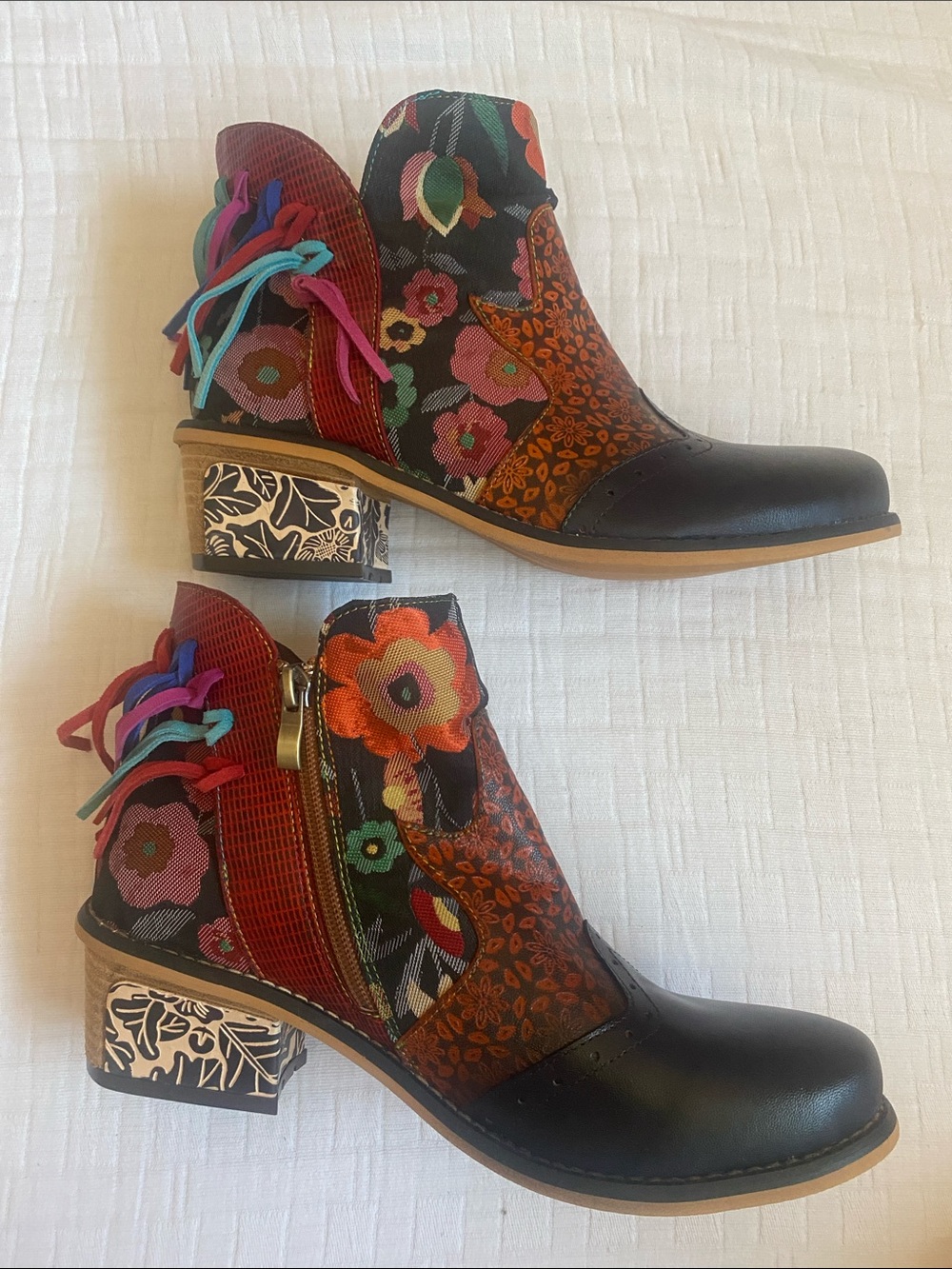Women’s Floral Leather Ankle Boots- Multicolor-Block Heel-No Brand